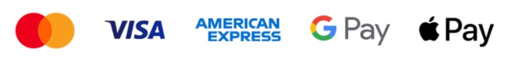 Pay with Visa, Mastercard, American Express, Google Pay, or Apple Pay