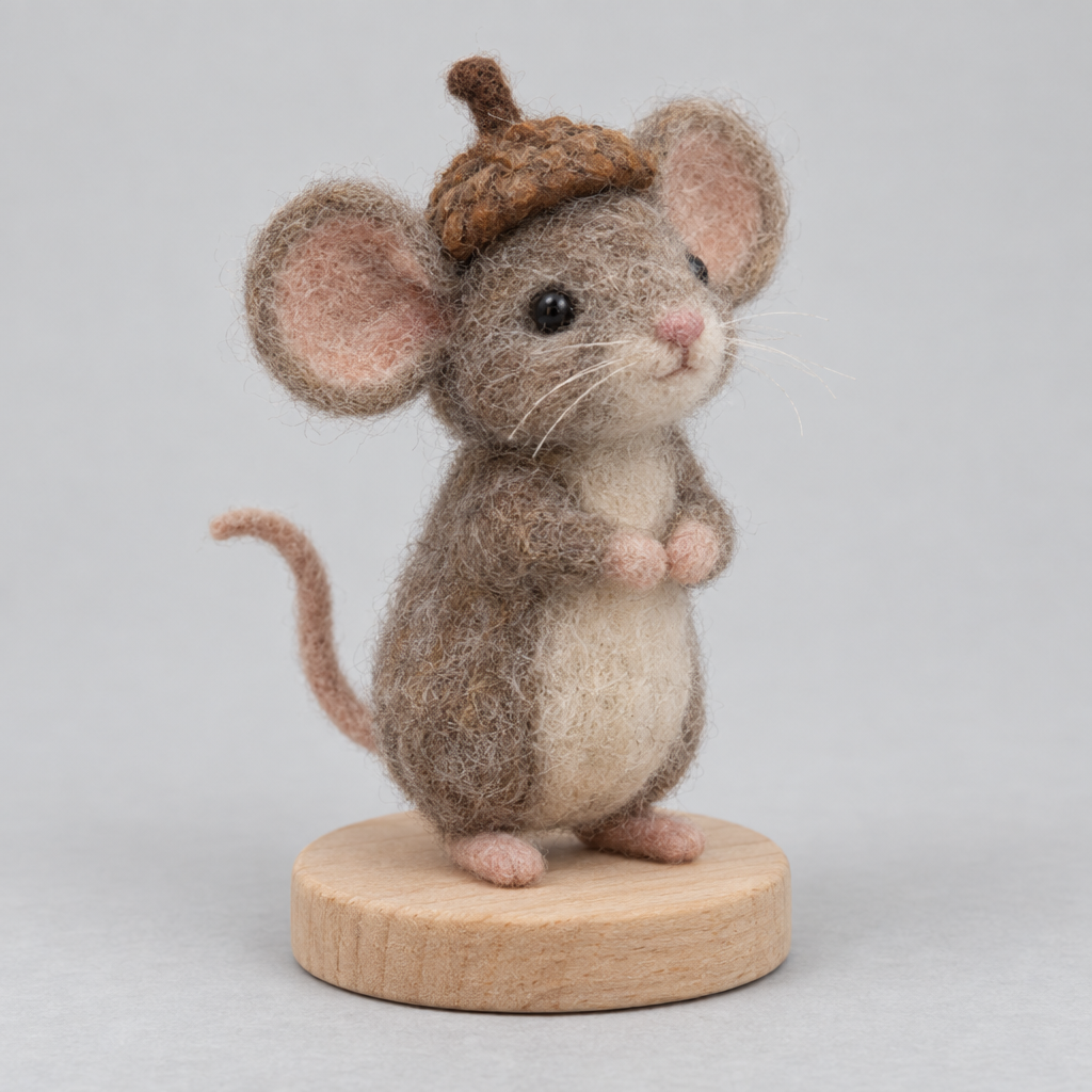 Needle-Felted Acorn Hat Mouse — slight side